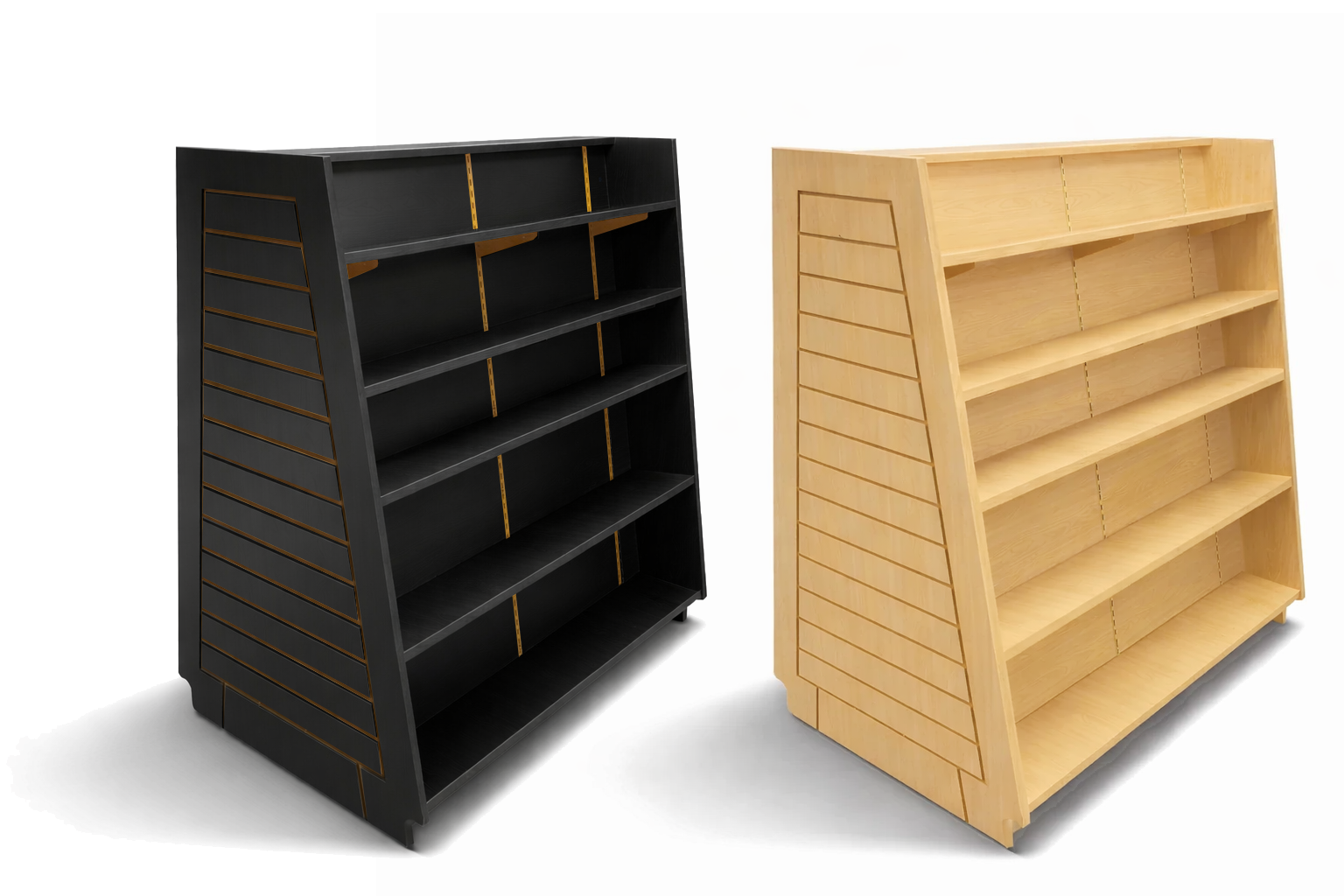 Black and wooden bookshelves on a white background
