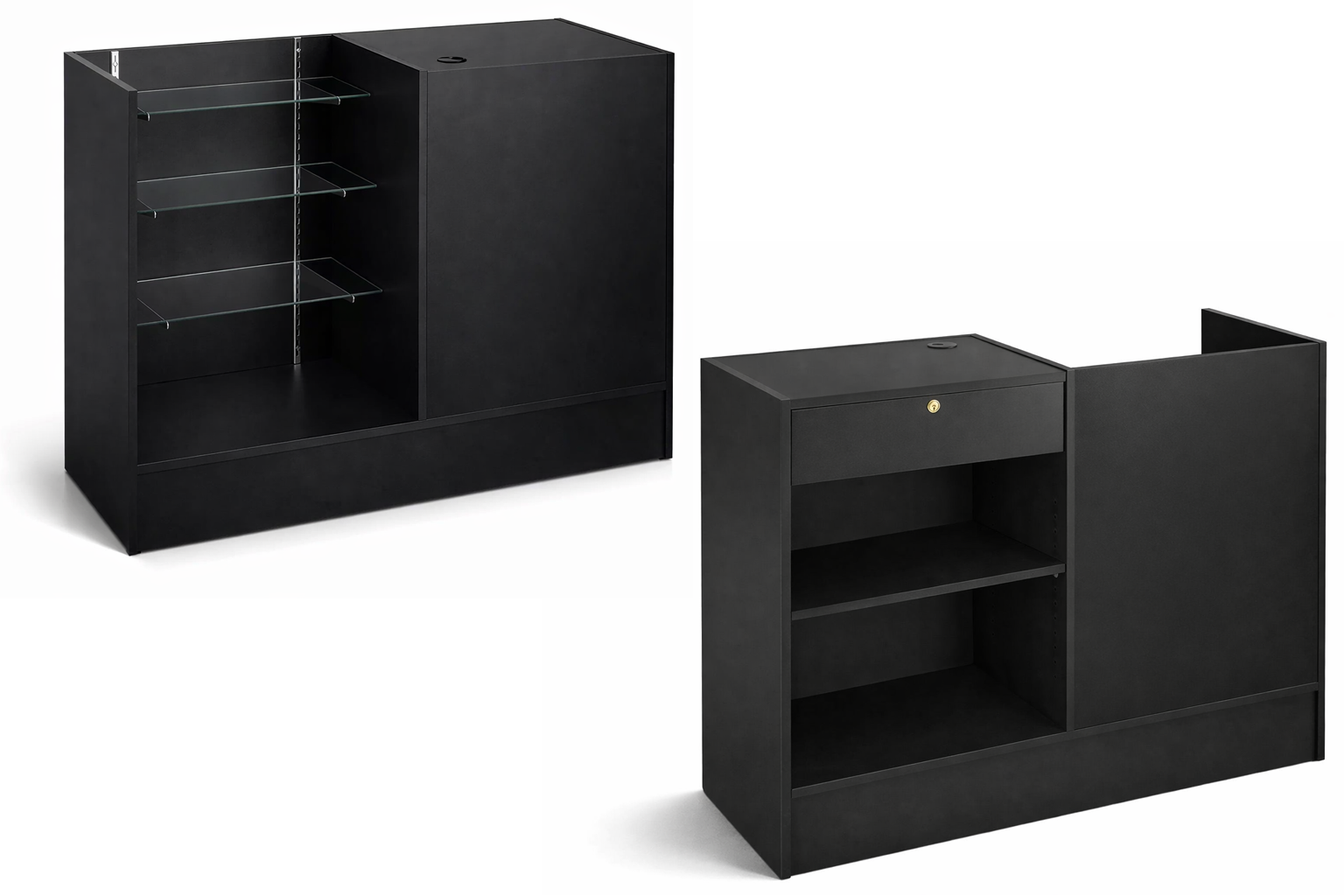 Two black storage units on a white background