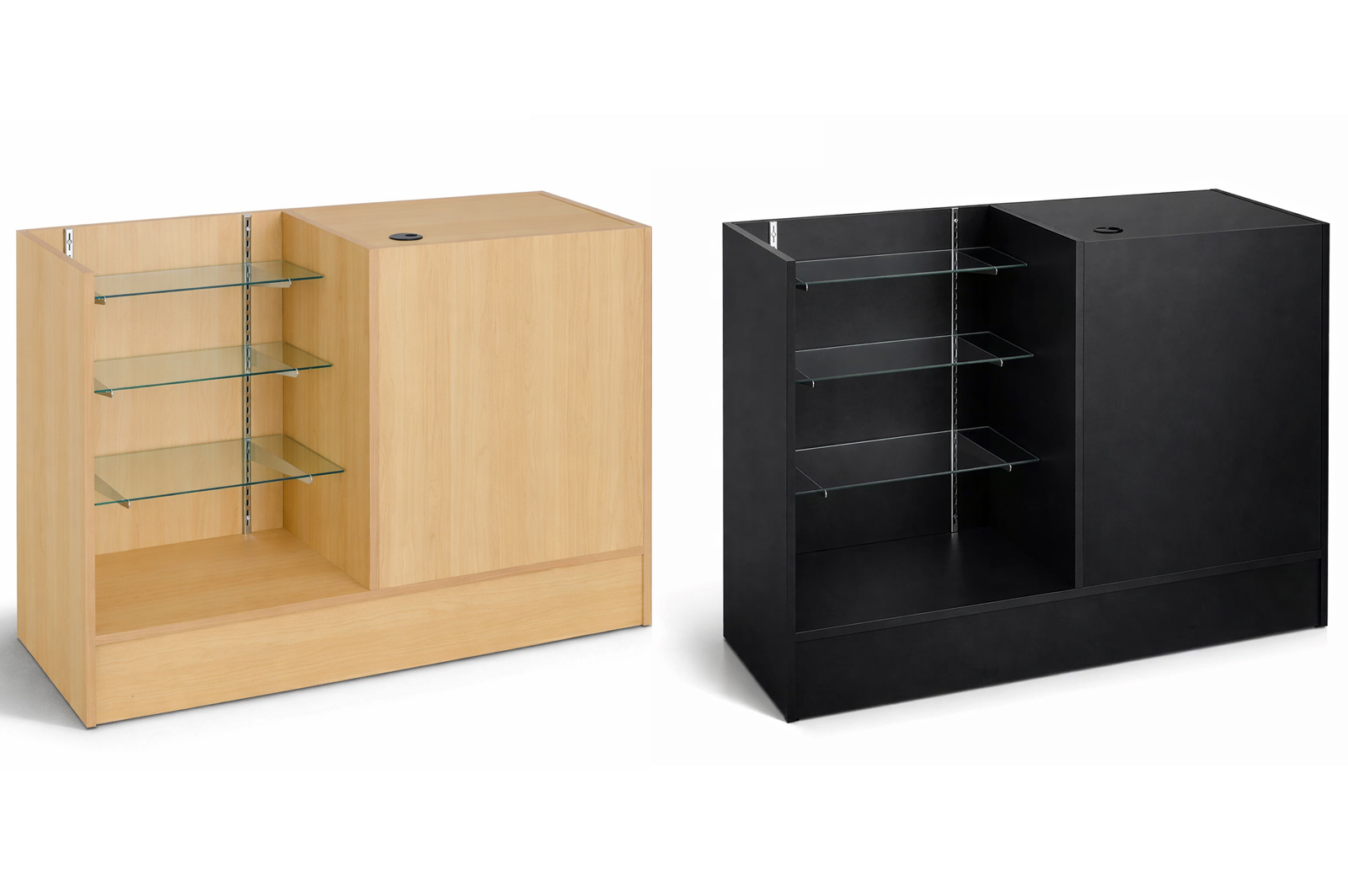 Two office cabinets, one beige and one black, on a white background.
