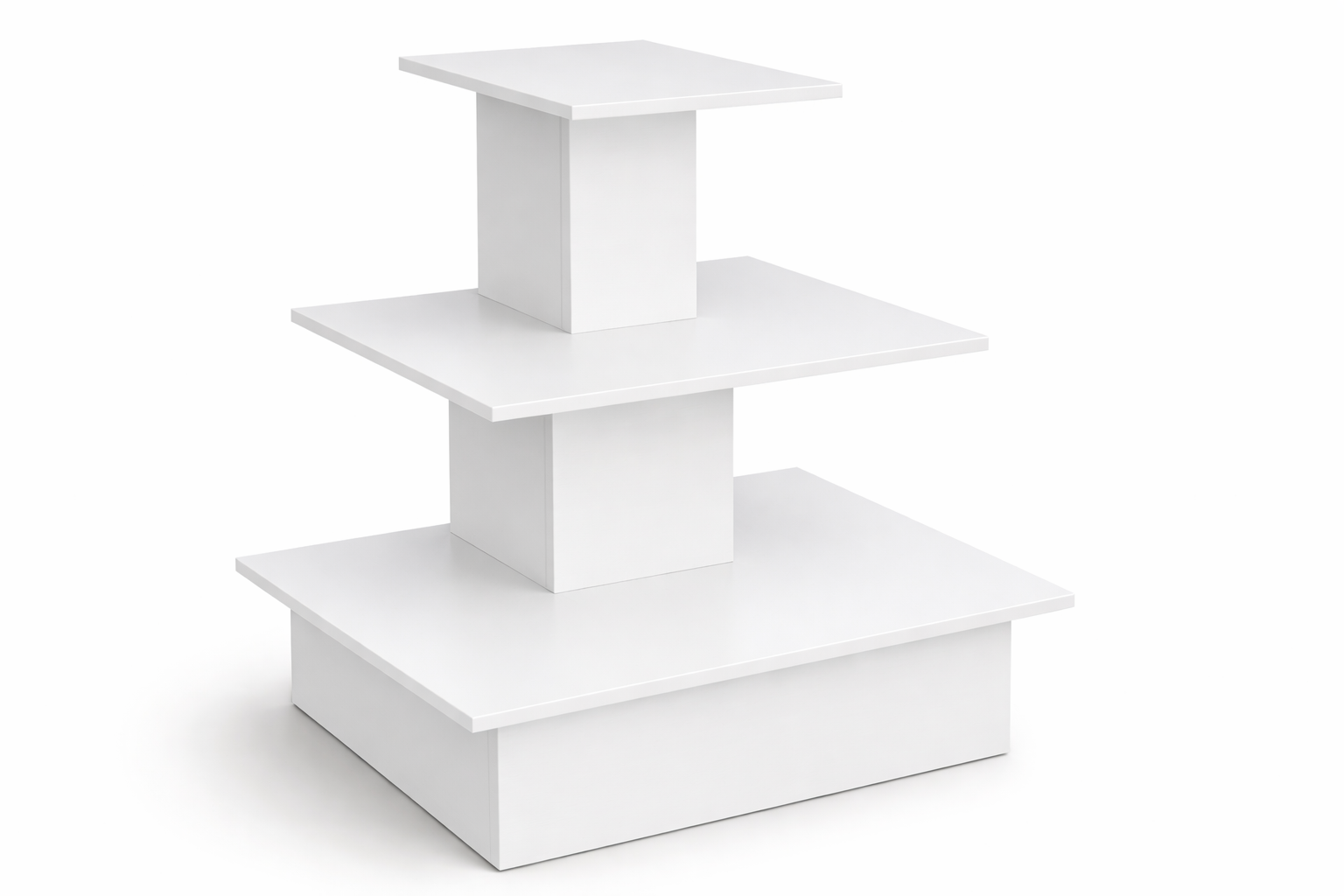 White three-tiered display stand on a white background