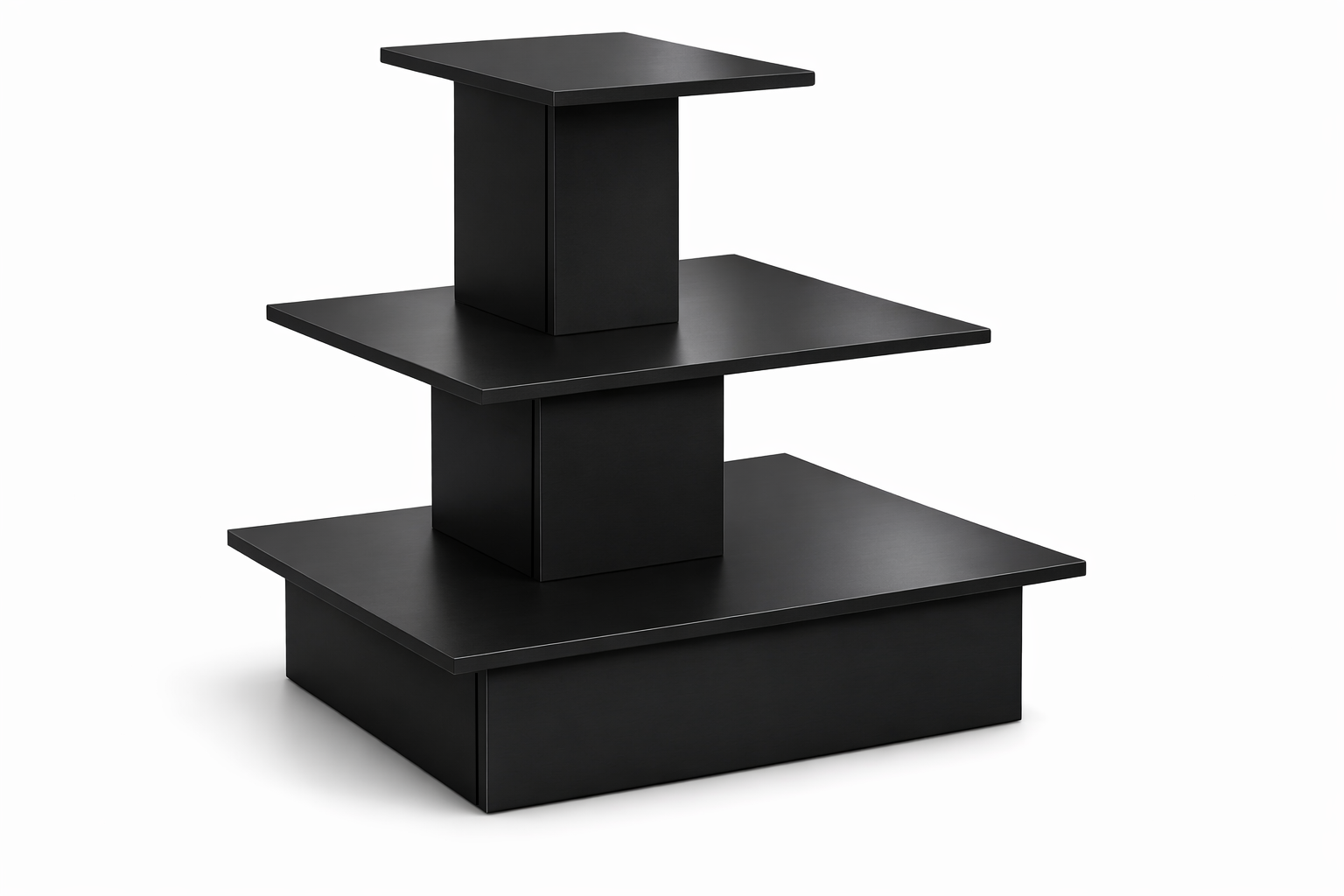 Black three-tiered display stand on a white background