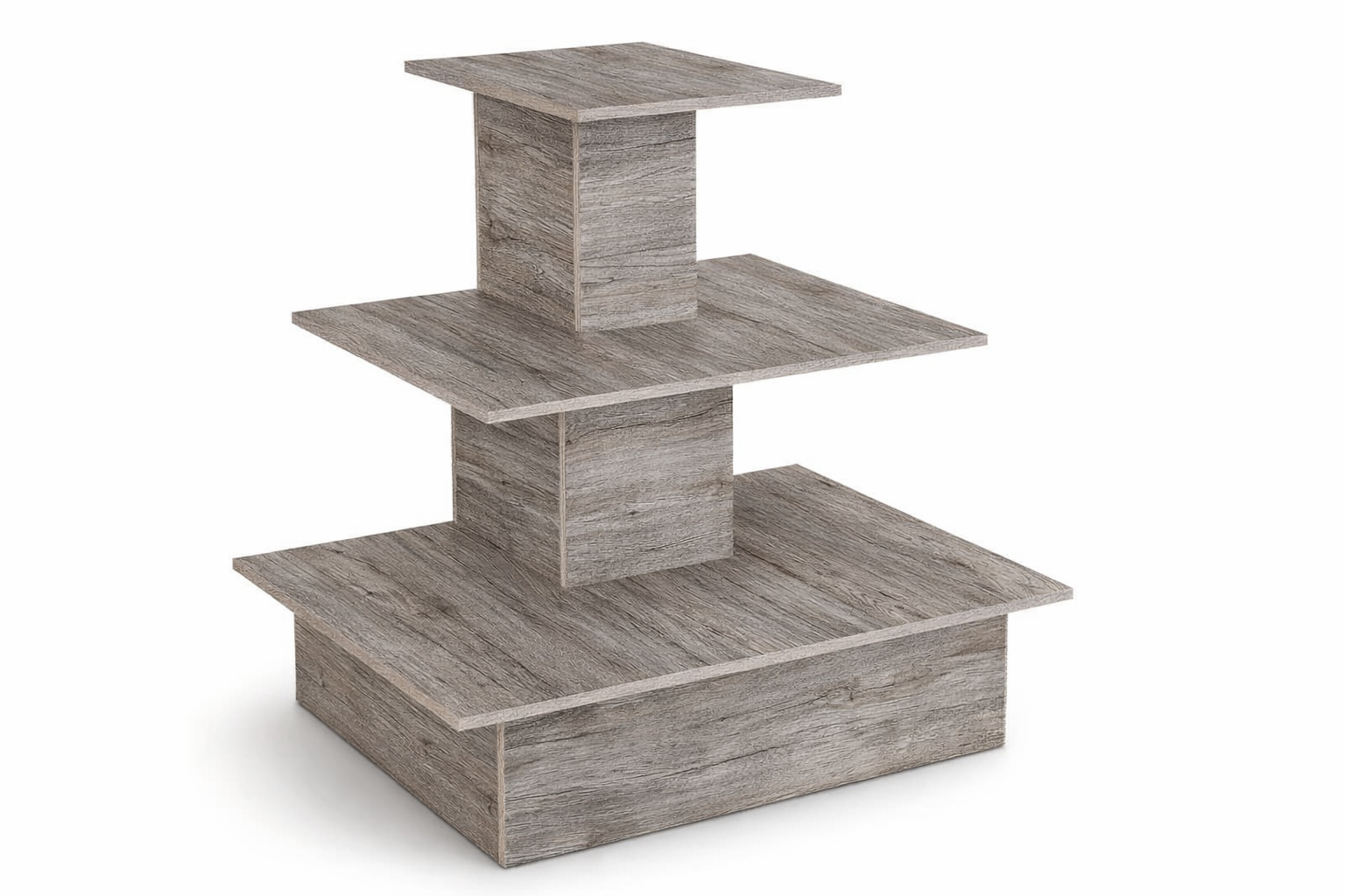 Three-tiered wooden display stand on a white background