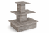 Three-tiered wooden display stand on a white background