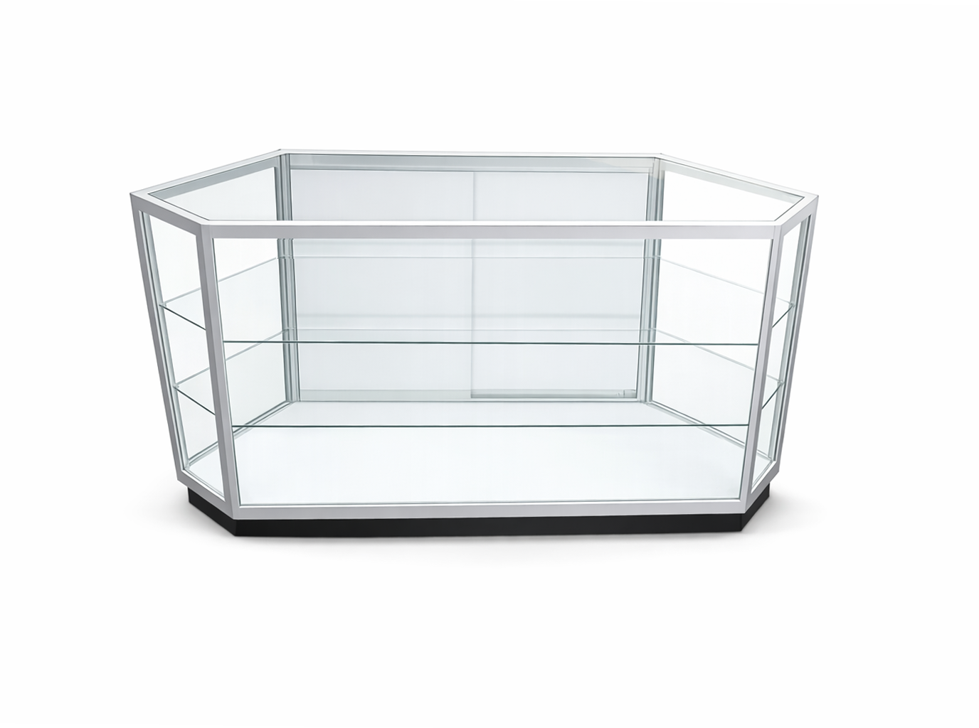 Glass display case with black base on a white background