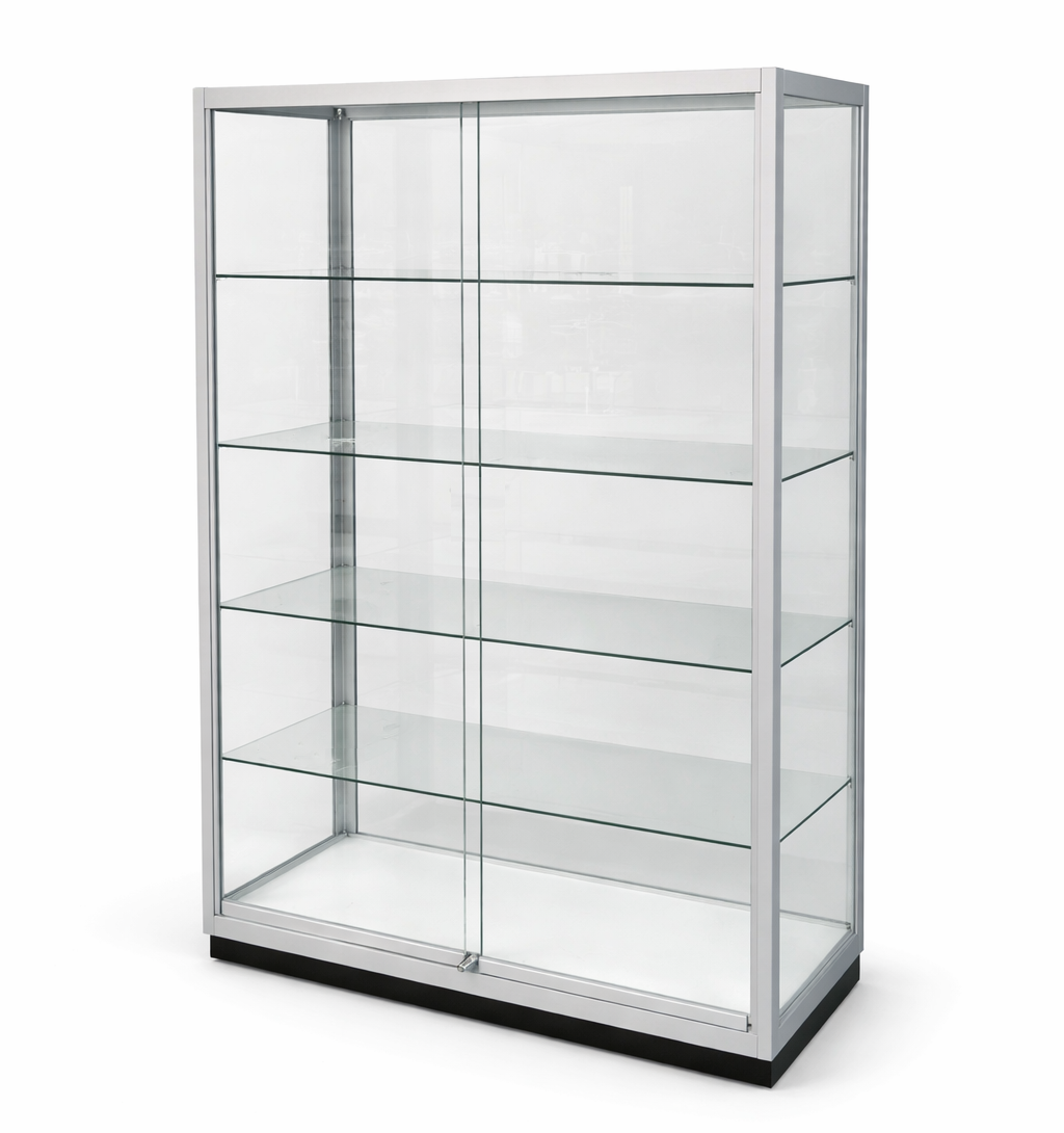 Glass display cabinet with a white background