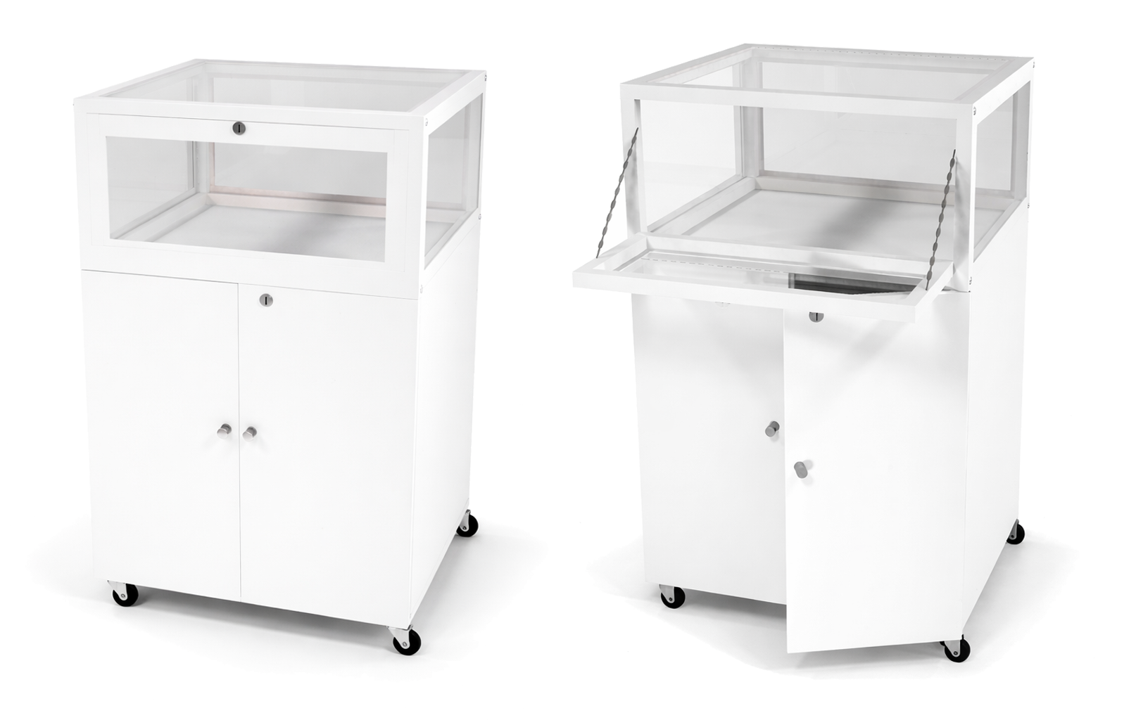 Two white display cases with transparent fronts on a white background