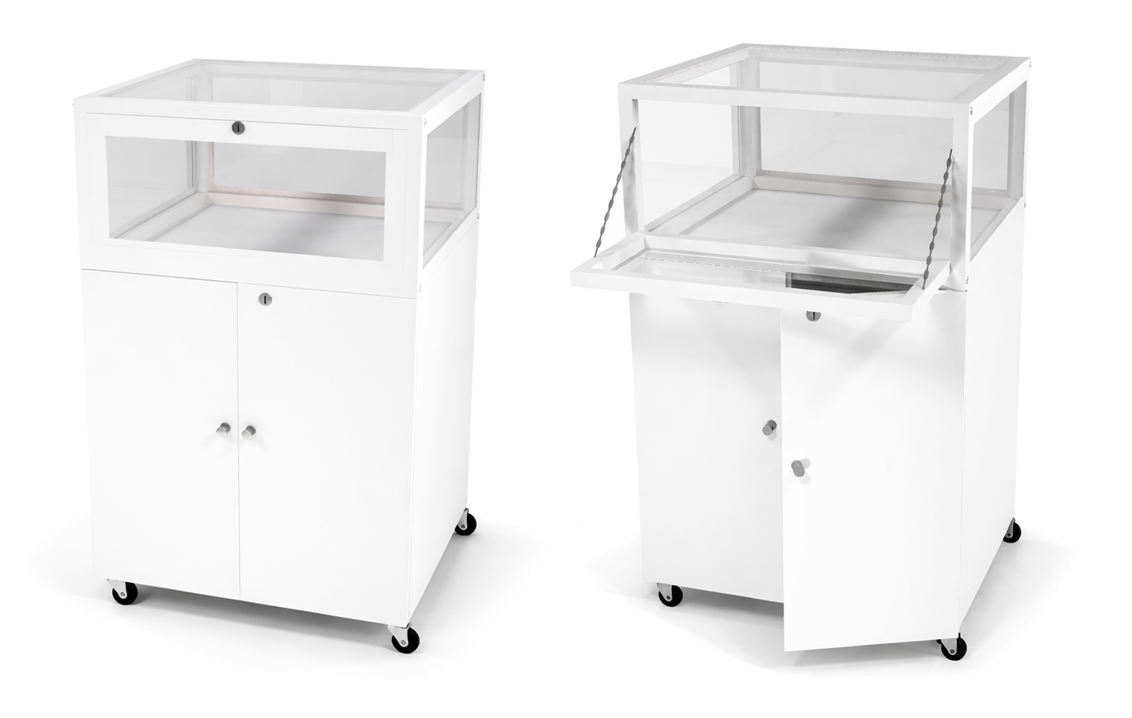 Two white display cases with transparent fronts on a white background