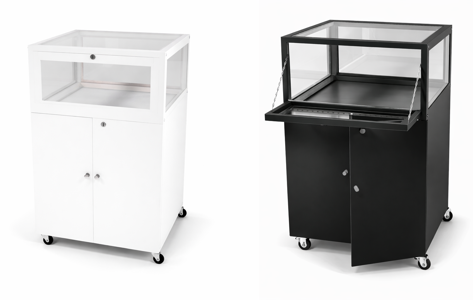 Two display cases, one white and one black, on a white background