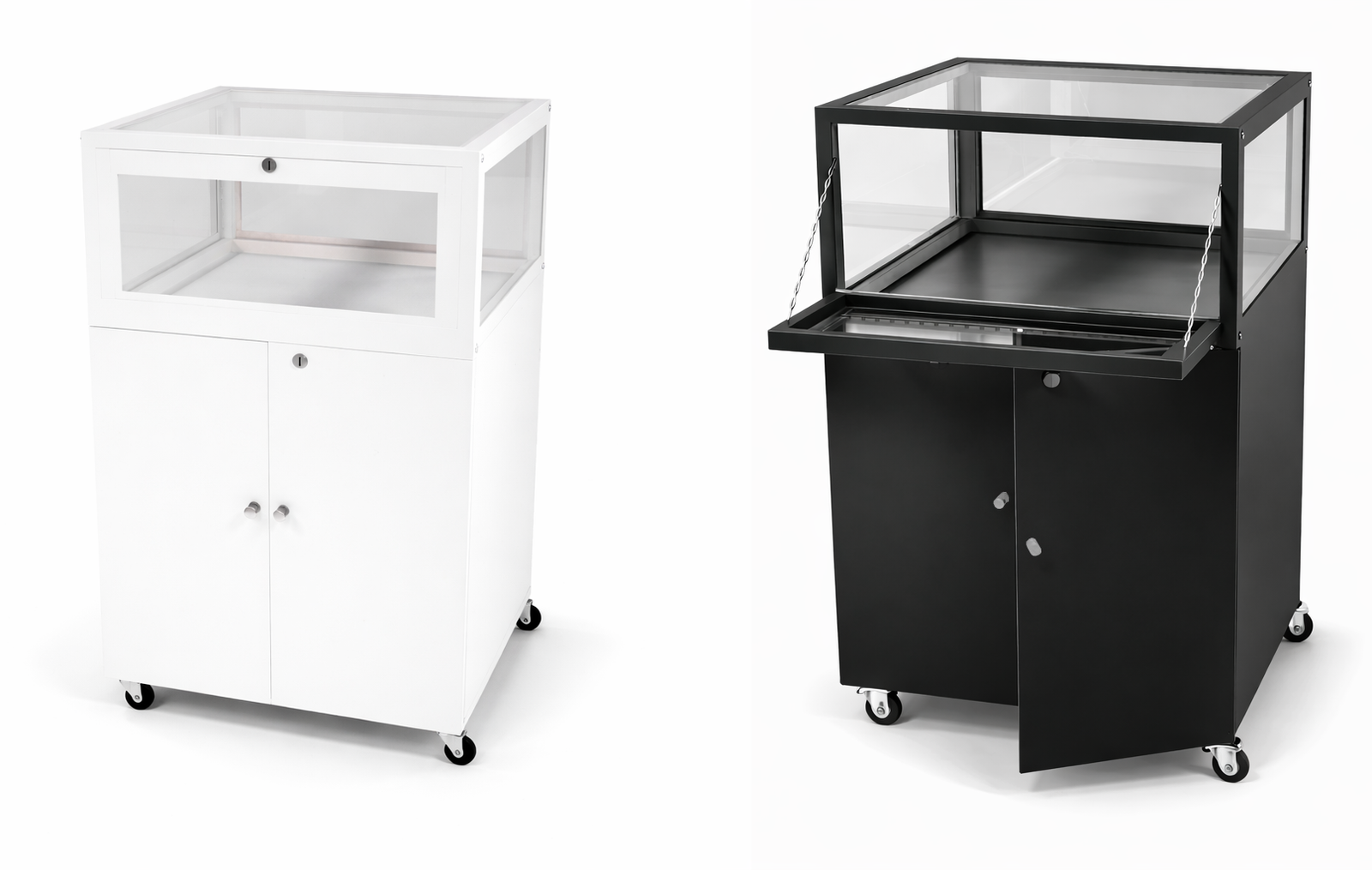Two display cases, one white and one black, on a white background