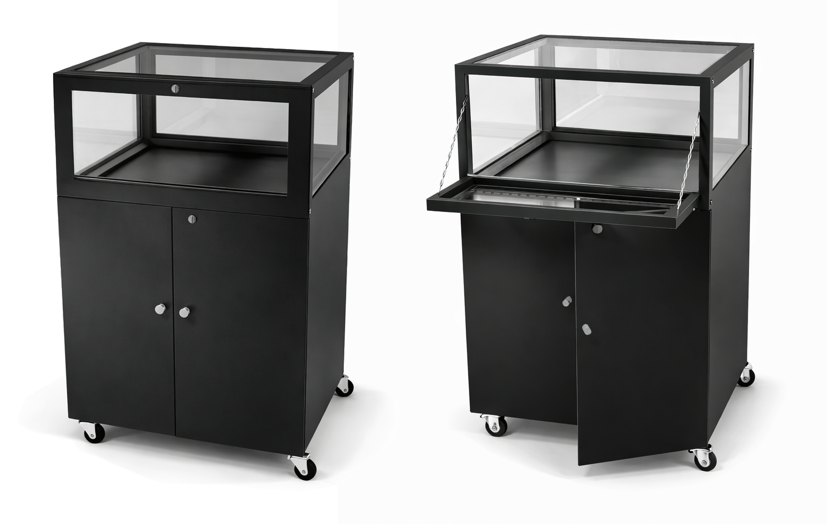 Two black display cases with glass tops on a white background