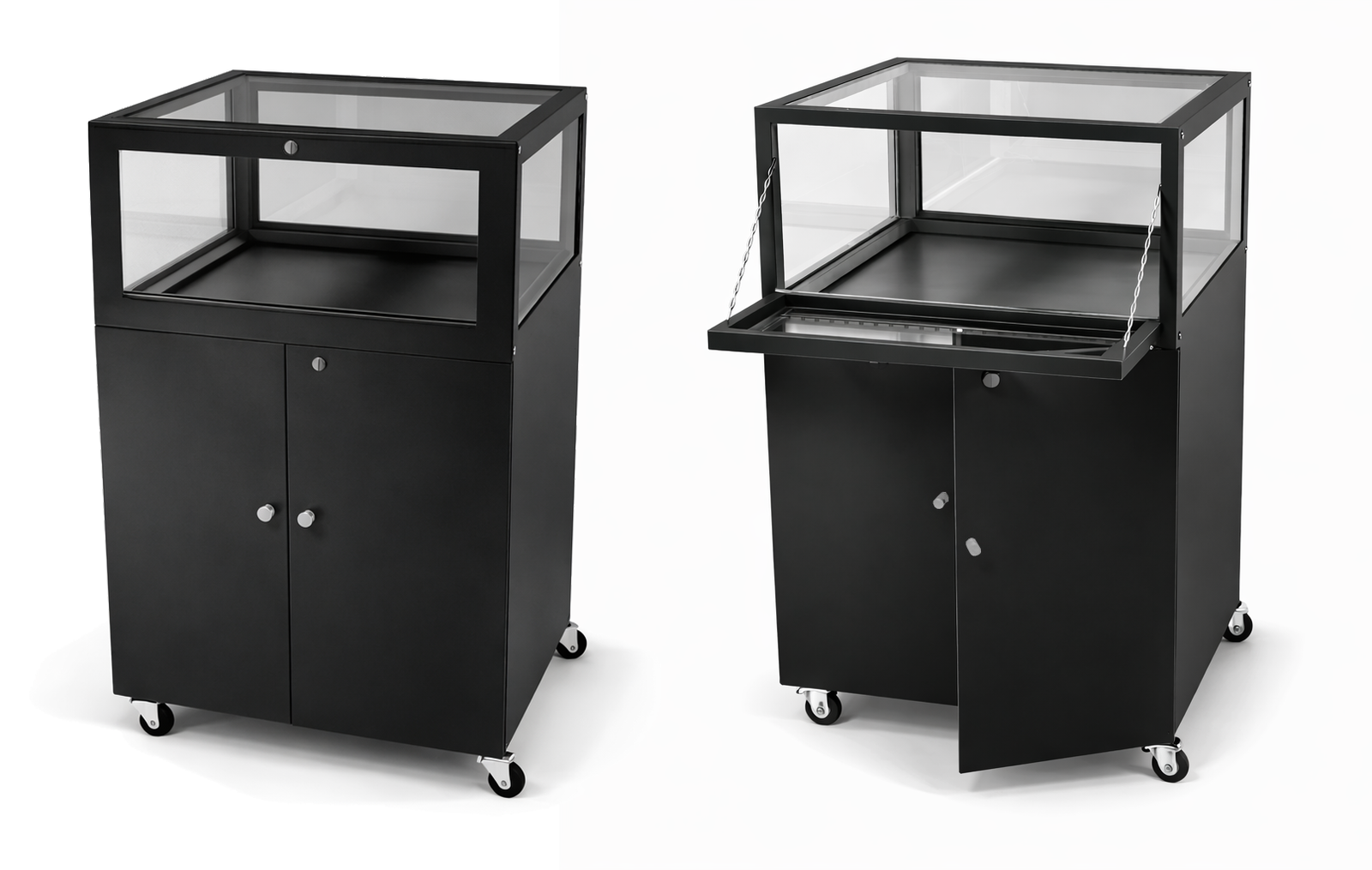 Two black display cases with glass tops on a white background