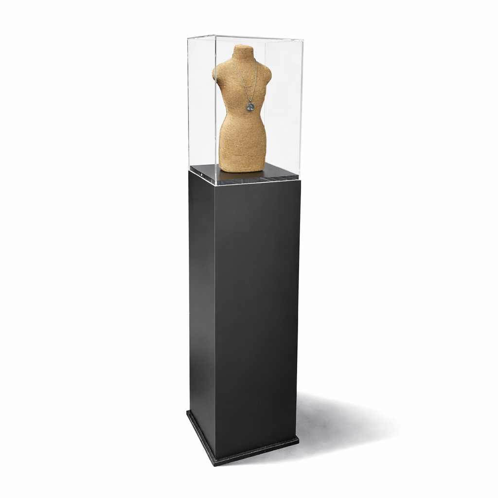 Pedestal Display Case | Locking Acrylic Top | Black Laminate - Eddie's Hang-Up Display Ltd.