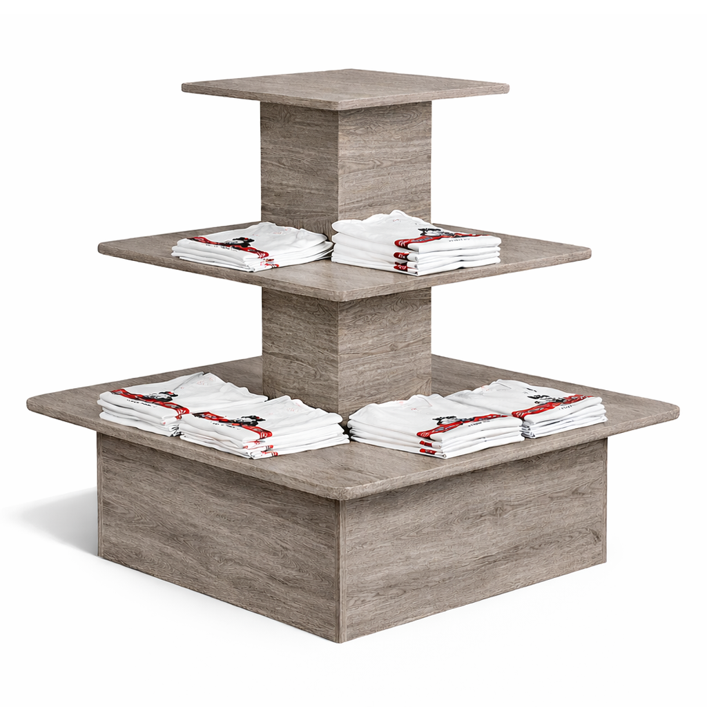 Wooden tiered display table with folded cloths on a white background