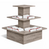 Wooden tiered display table with folded cloths on a white background