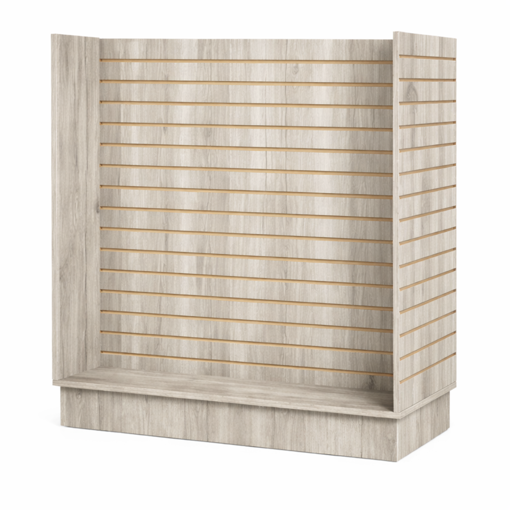 Wooden slatwall display unit on a white background