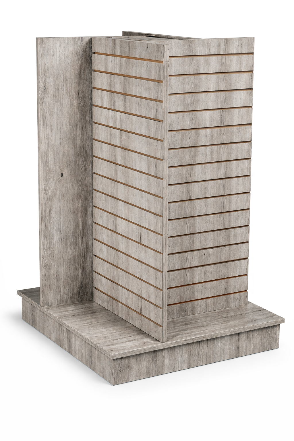 barnwood laminate 4 way slatwall display on a white background