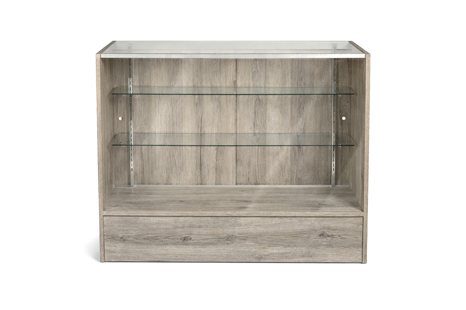 Wooden display cabinet with glass shelves on a white background