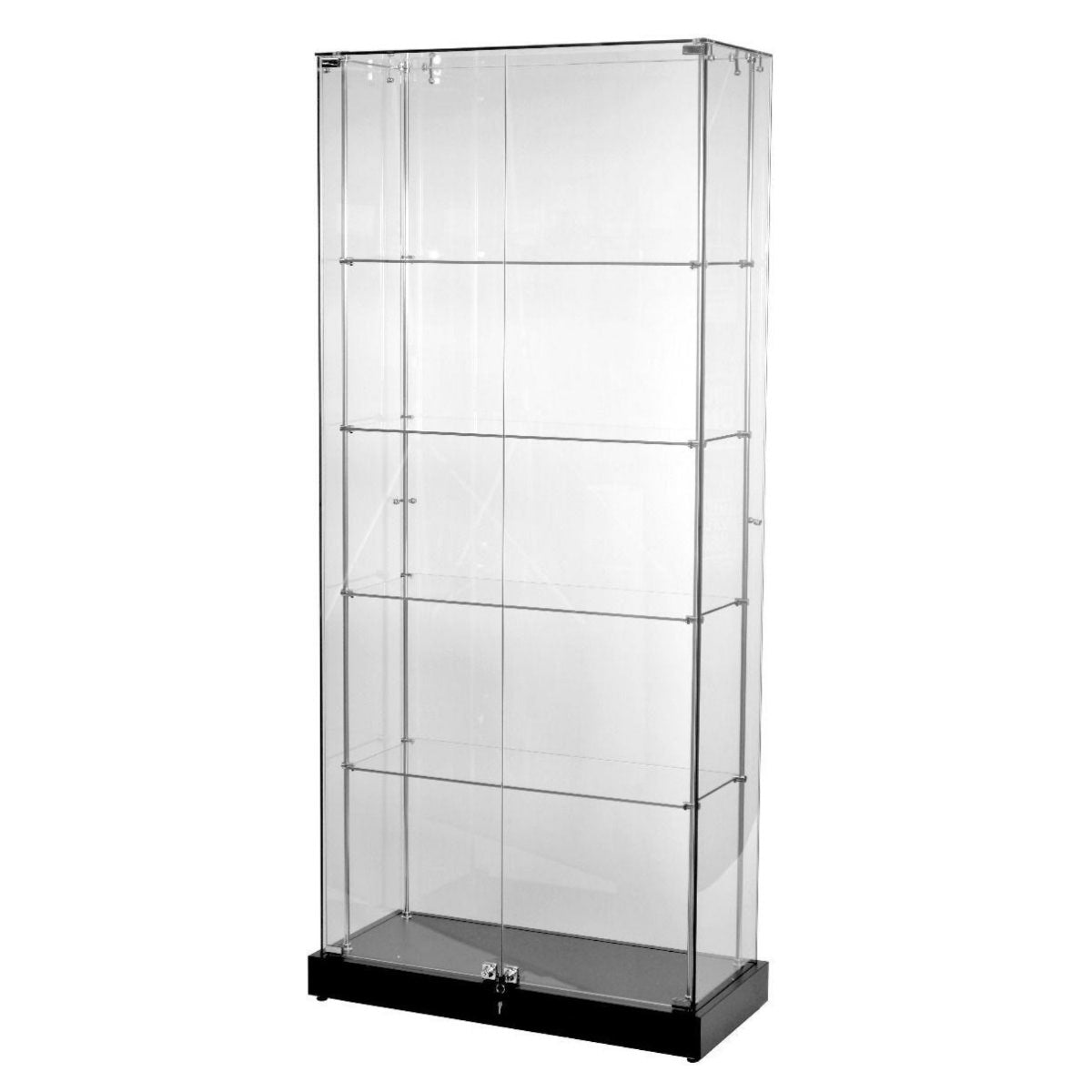 Frameless Glass Display Case Tower | Double Wide | Four Shelf