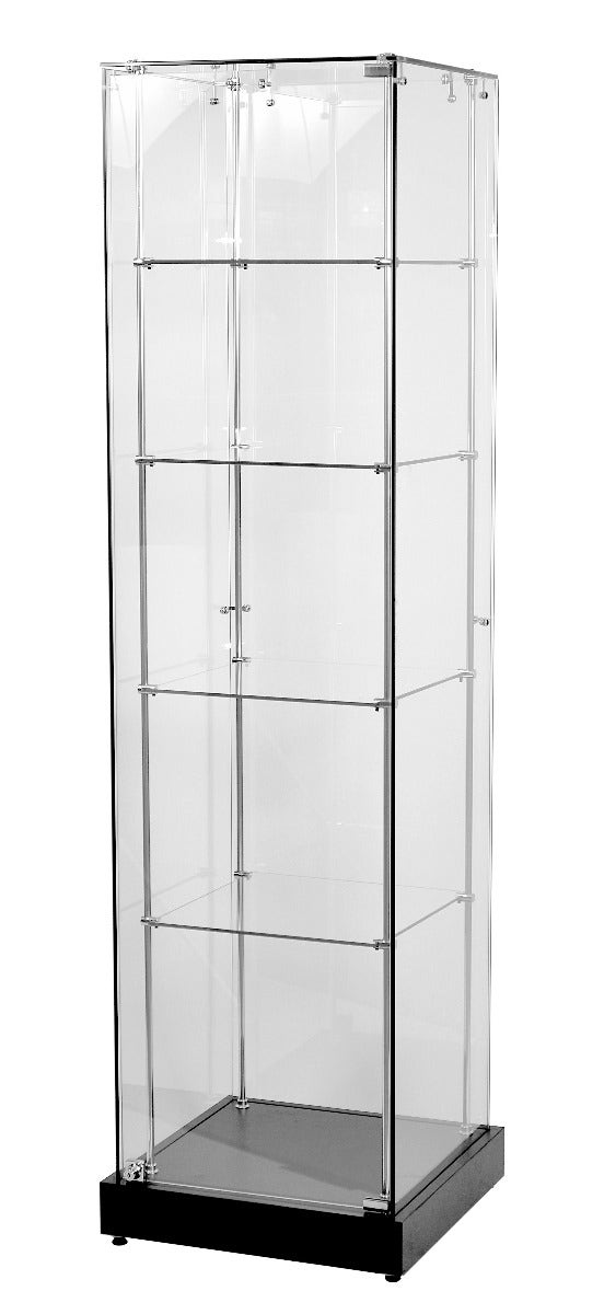 Frameless Glass Display Case Tower | Single Wide | Four Shelf