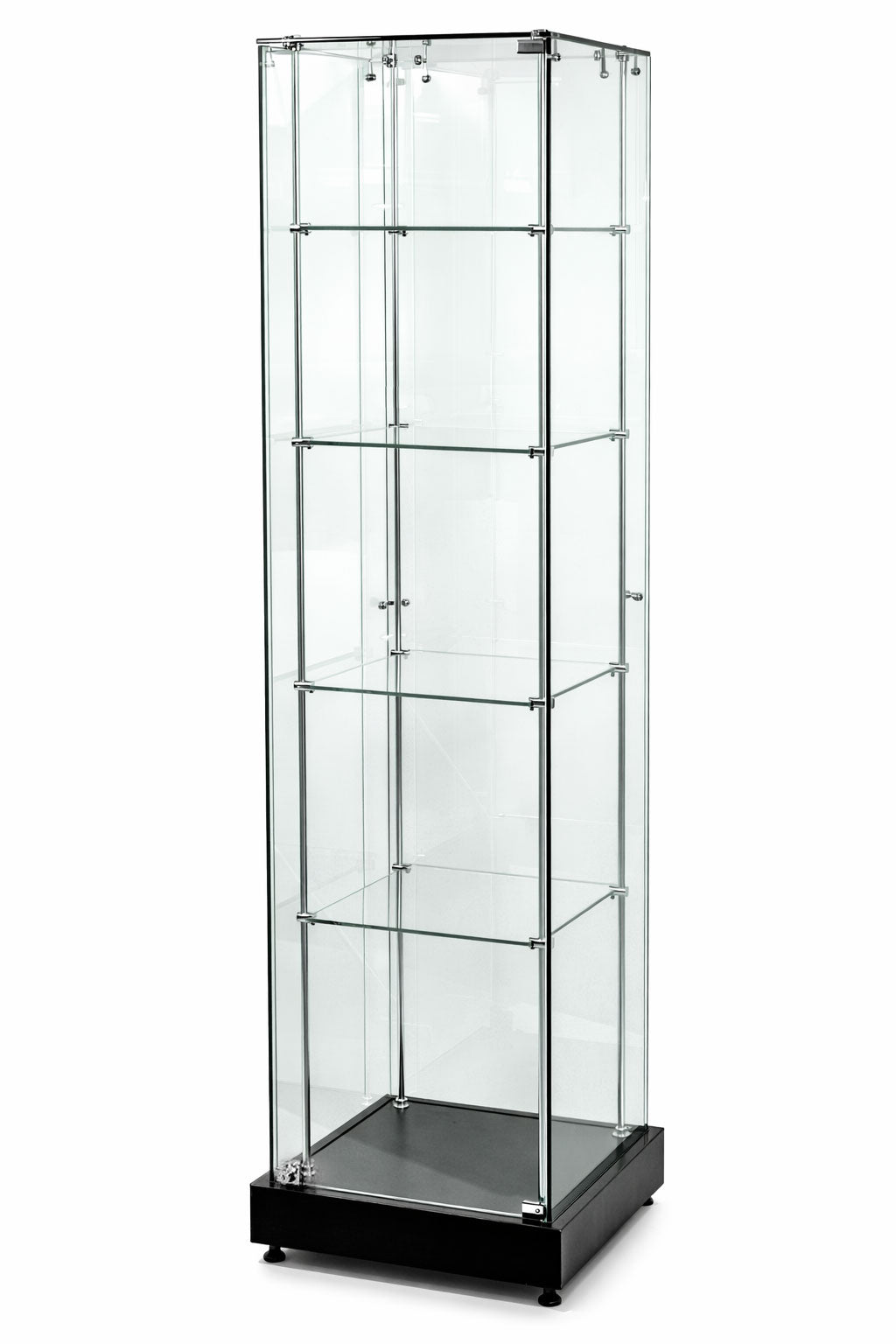 modern frameless glass showcase tower on a white background