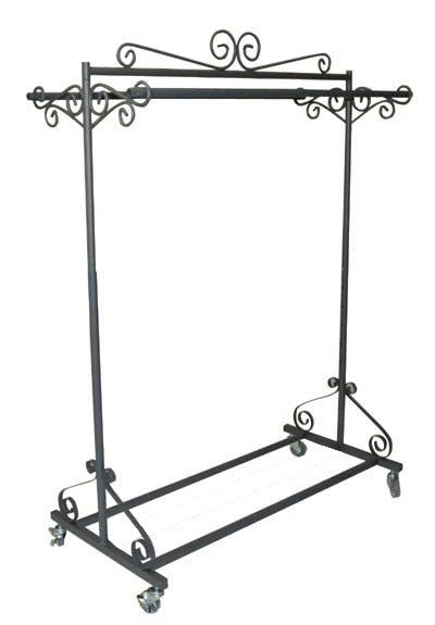 Ornate metal rolling rack on a white background