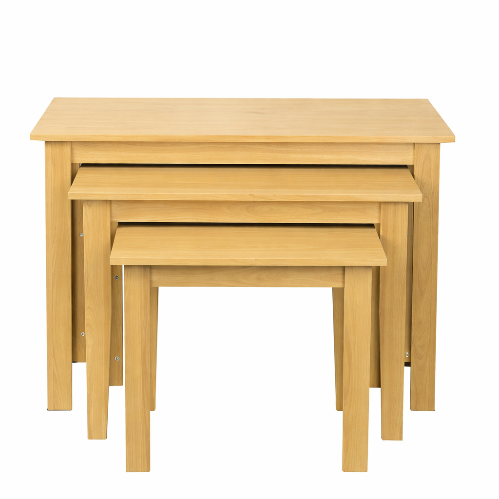 Set of three wooden nesting tables on a white background