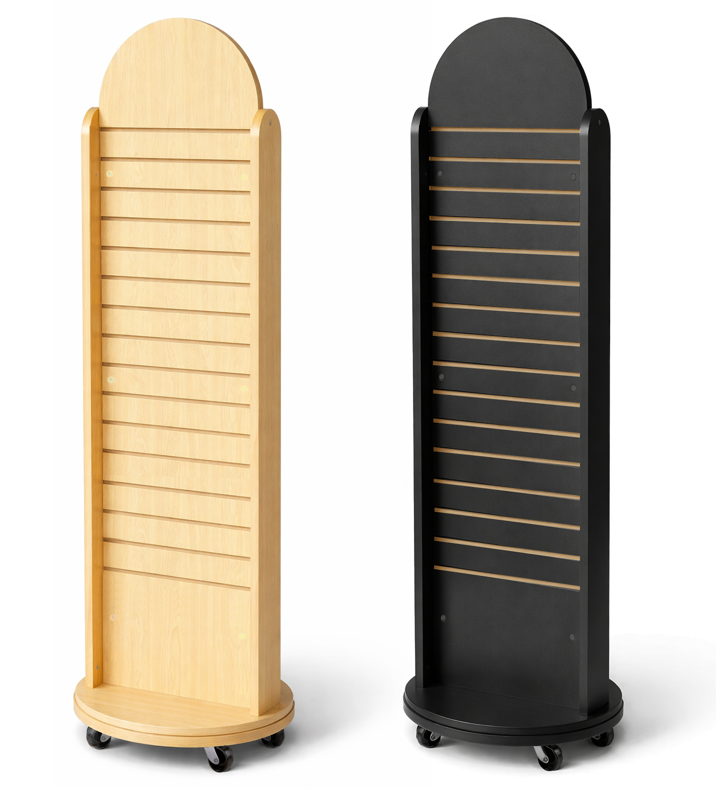 black and maple slatwall display spinners on a white background