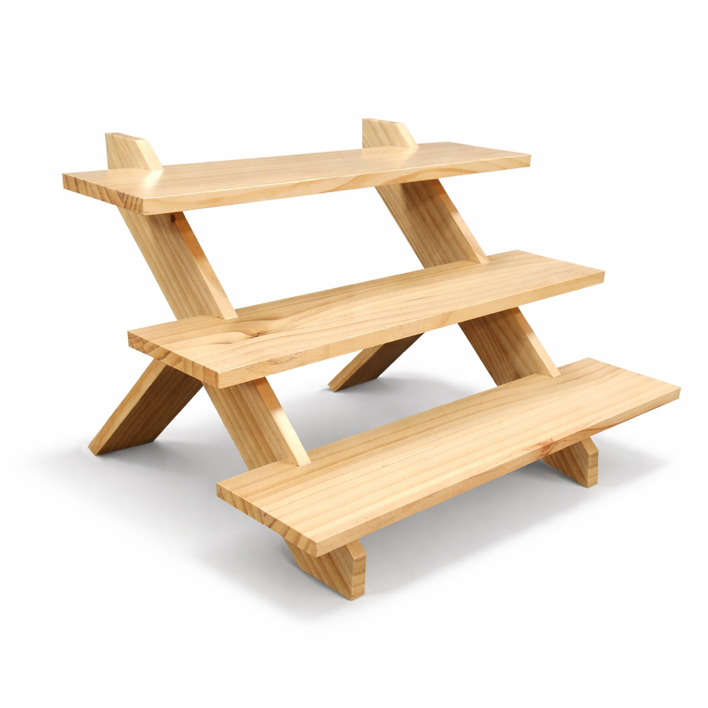 3 tier wooden riser on a white background