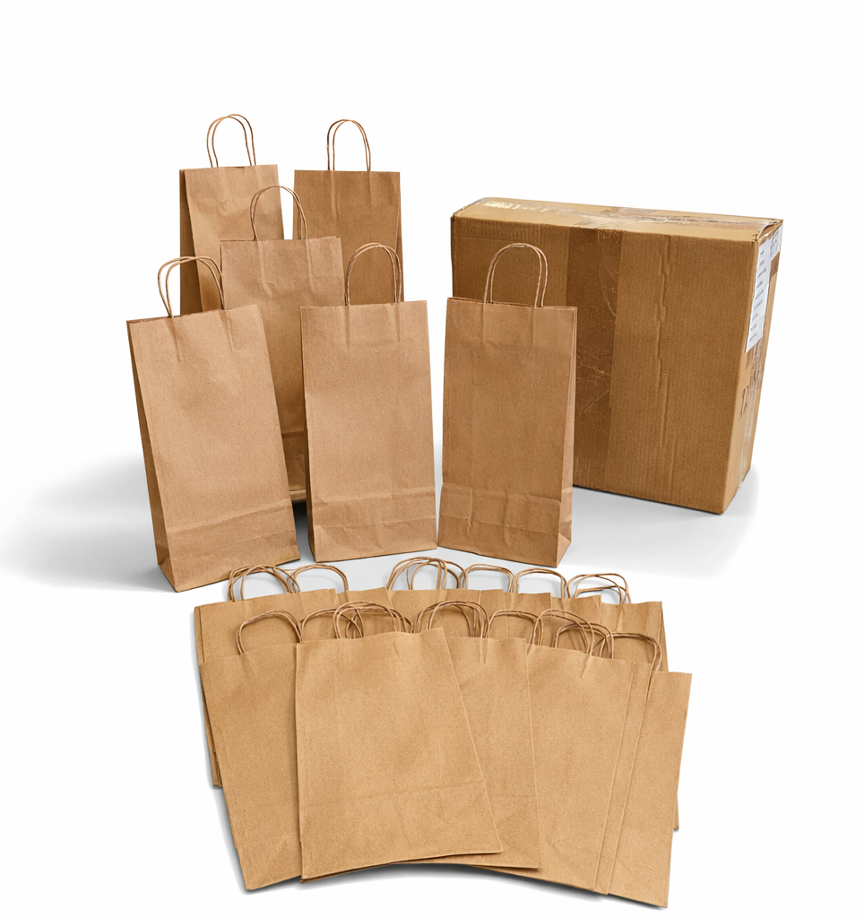 100% Recycled Paper Shopping Bags | Kraft Brown | Twisted Paper Handles | Case Lots - Eddie's Hang-Up Display Ltd.