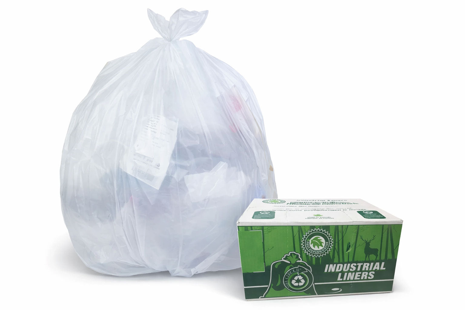 Bag of industrial liners with a box labeled 'Industrial Liners' on a white background