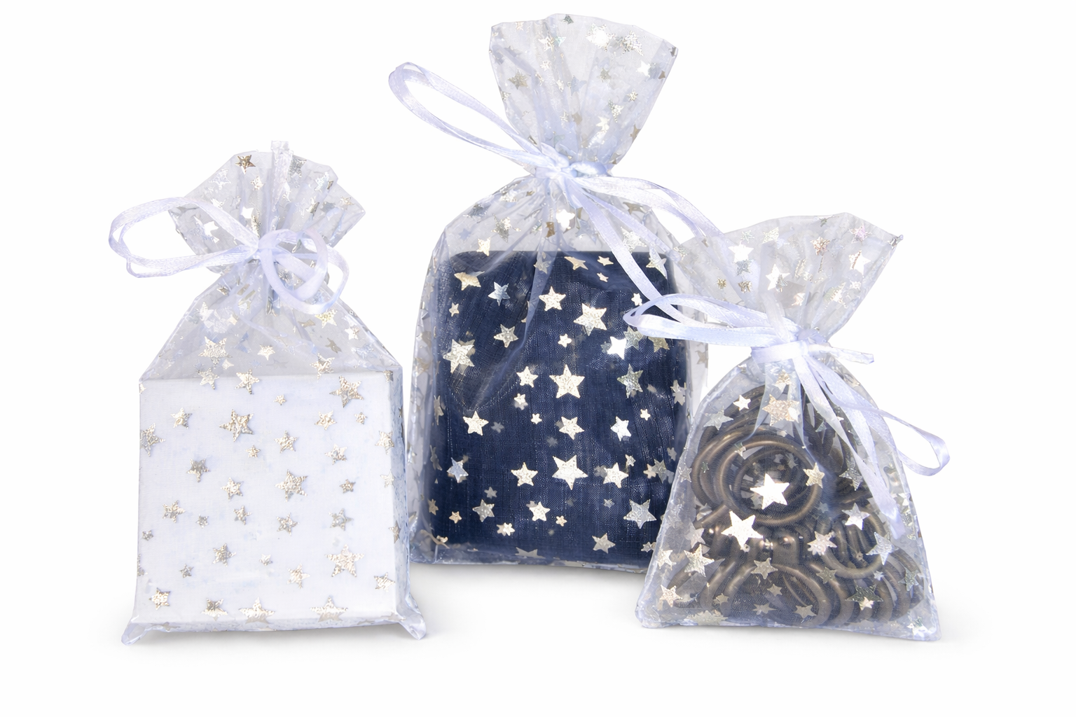 Organza bags with stars on a white background