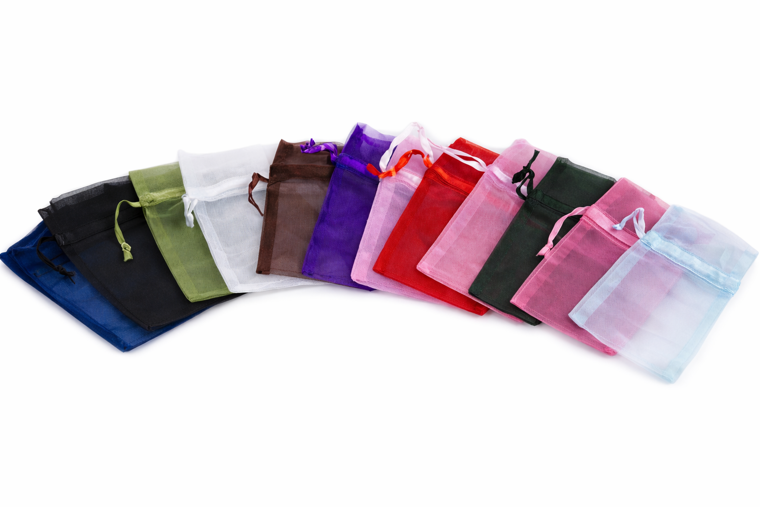 Assorted colorful drawstring bags on a white background