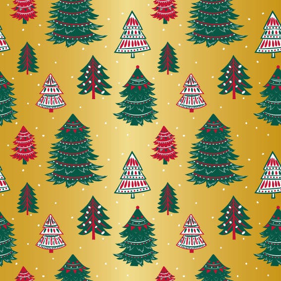 Gold With Red & Green Trees Gift Wrap