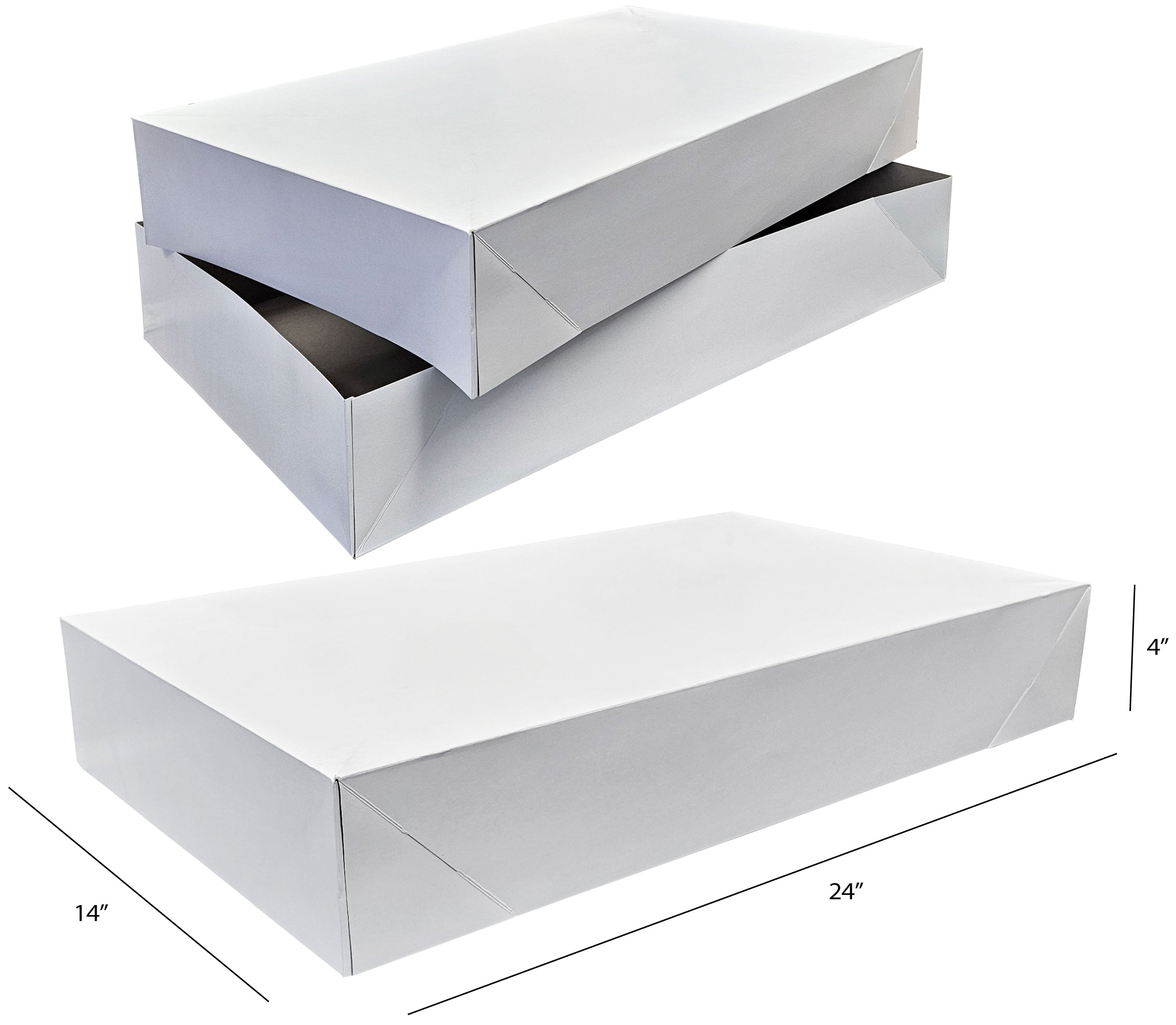 Two white garment boxes with dimensions indicated on a white background