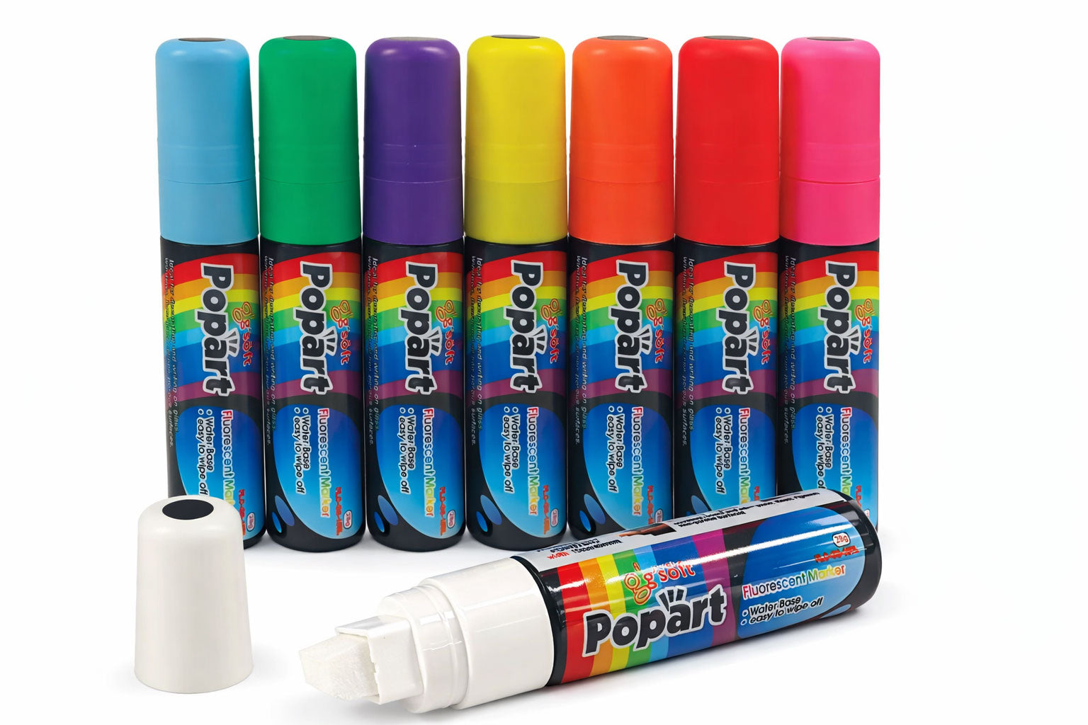 Set of Popárt markers in various colors on a white background