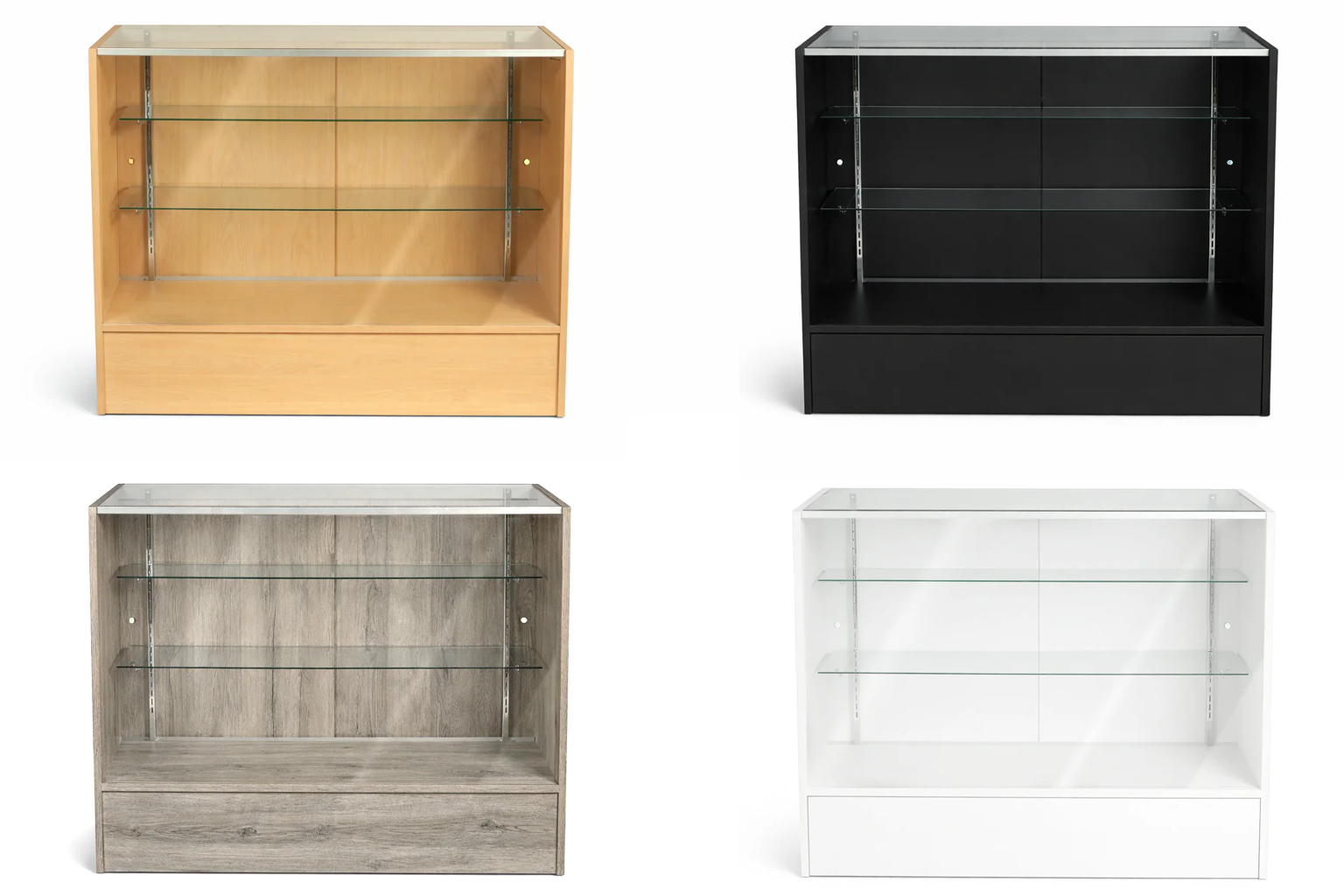 Four display cases in different colors on a white background