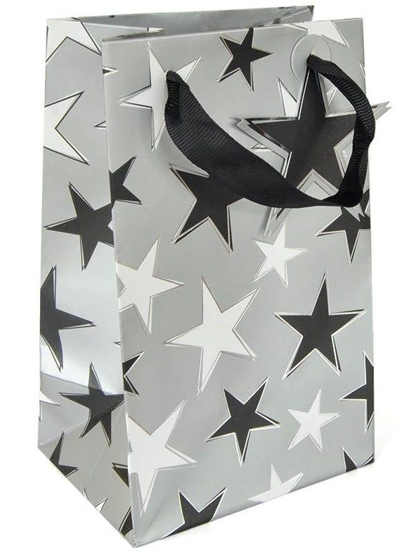 Shopper en papier étoiles noires et blanches | 8" x 5-1/2" x 3"