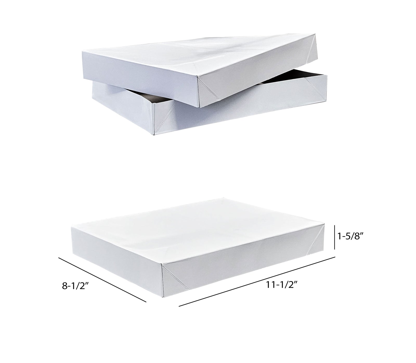 White garment boxes on a white background with one box indicating dimensions