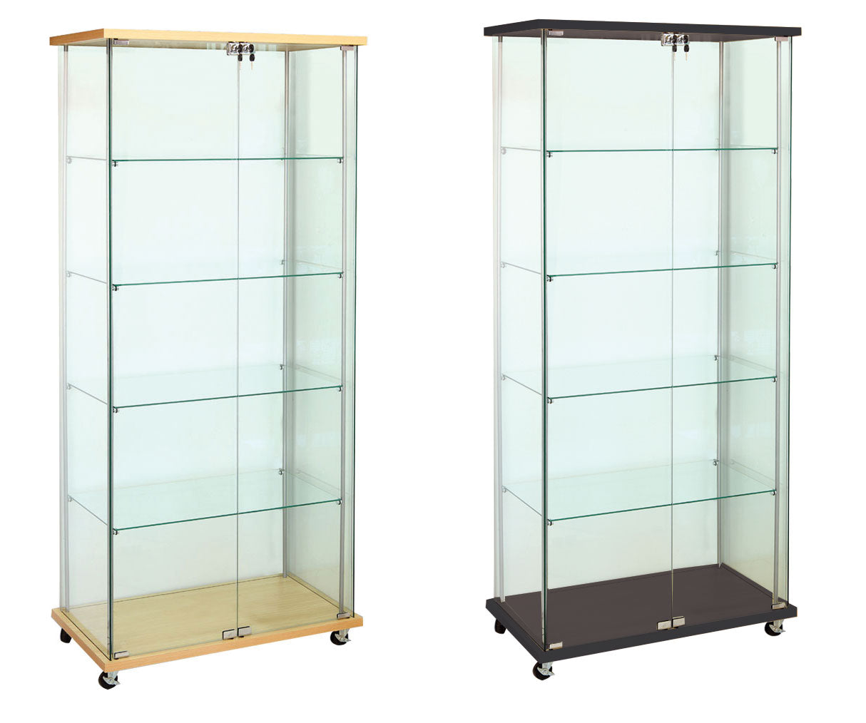 Two glass display cabinets with wooden bases on a white background