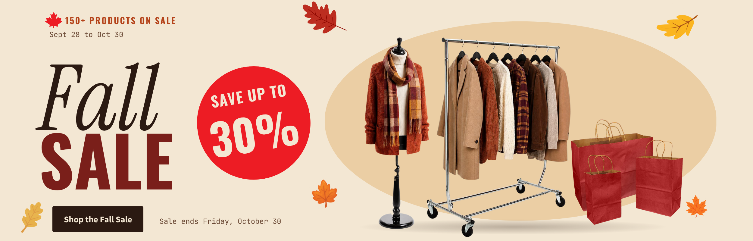 Promotional banner for an autumn sale featuring a clothing rack with coats, a mannequin with a scarf, shopping bags, and sale text including 'Fall Sale' and 'Save up to 30%'.