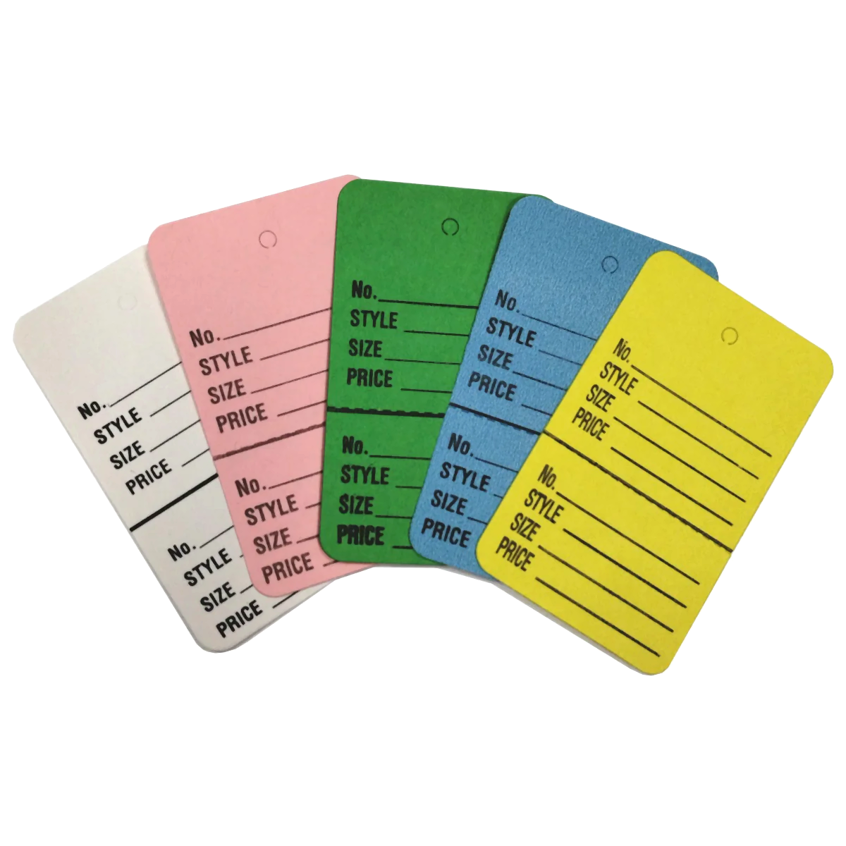 Set of color-coded product tags for style, size, and price on a white background
