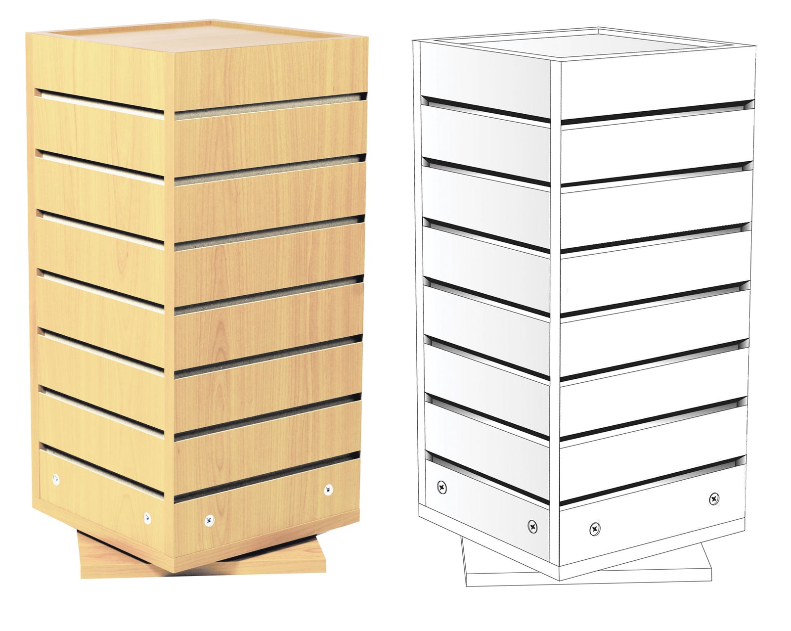 White and maple laminate countertop slatwall spinners