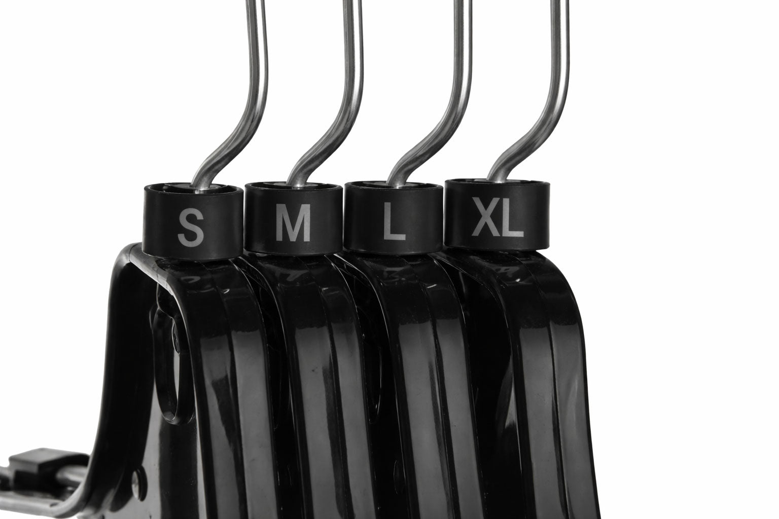 Black hangers with size markers S, M, L, XL on a white background