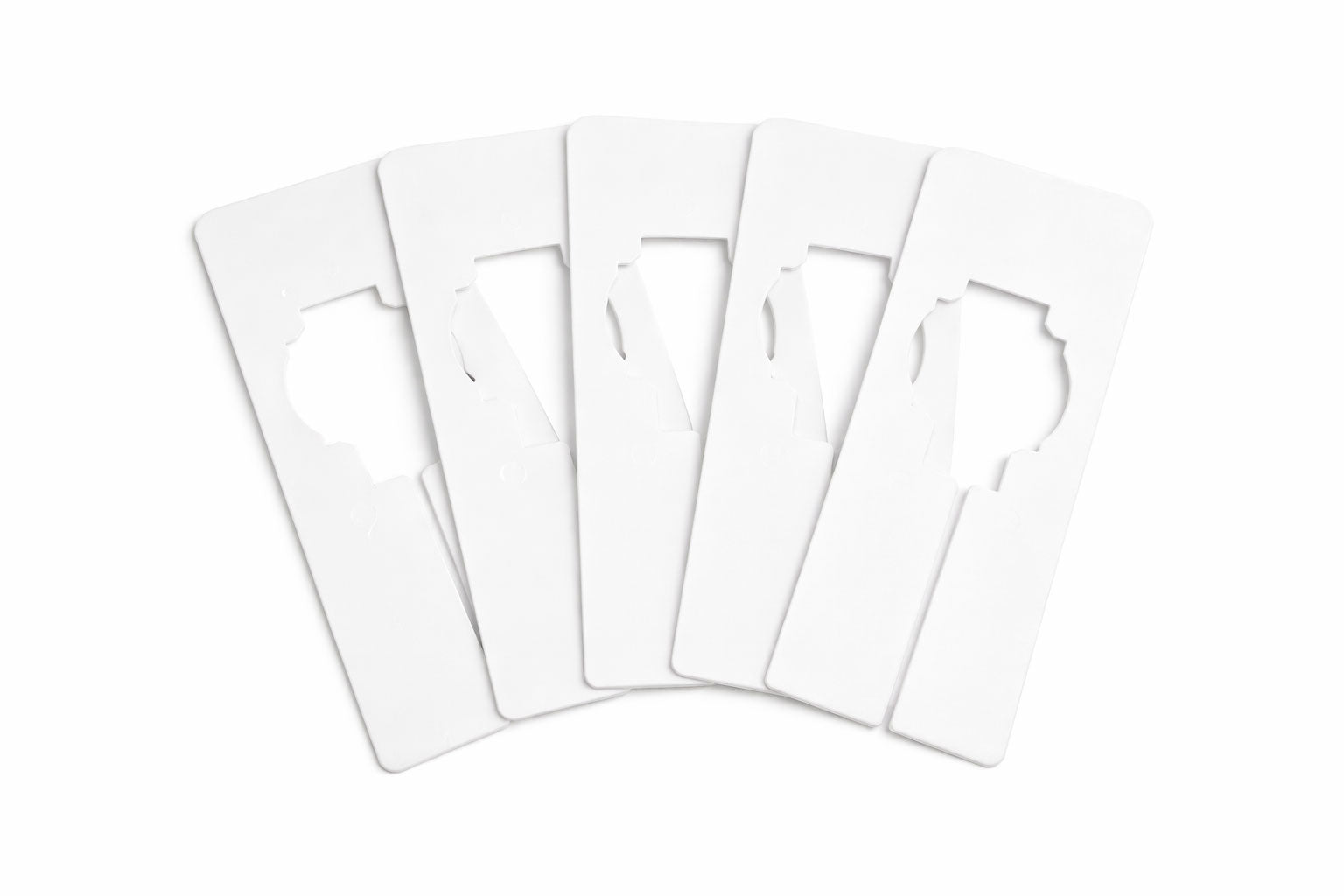 Five white size dividers on a white background