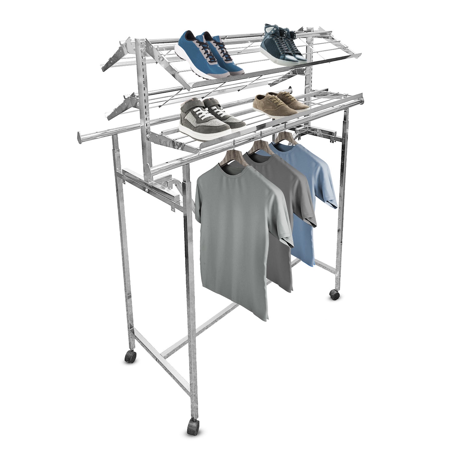 Double bar rack with shoe shelves and merchandise