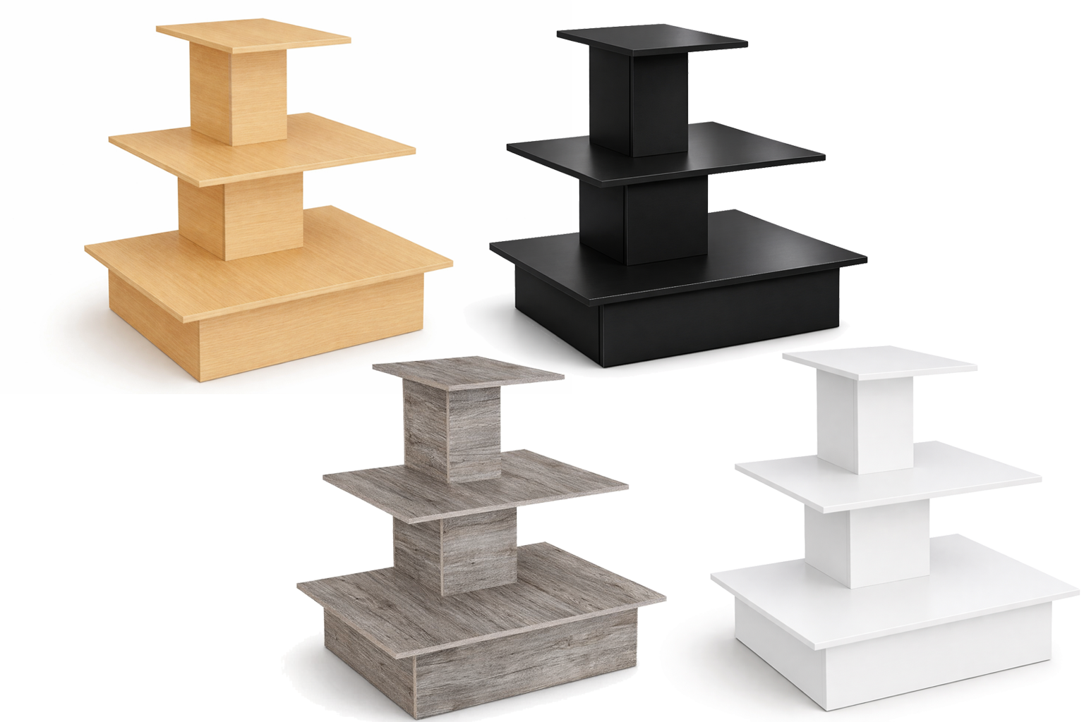 Four tiered display stands in different colors on a white background