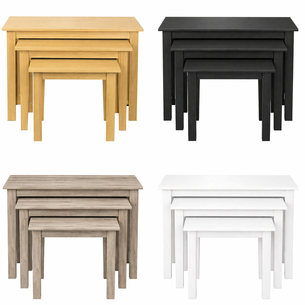 Set of four nesting tables in different colors on a white background