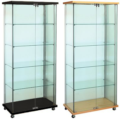 Frameless Glass Display Case Cabinet | 4 Shelf Tower | Laminate Accents