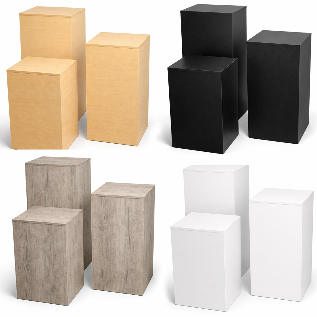 Set of wooden and black cube-shaped plinths on a white background