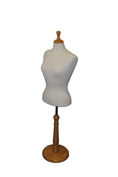 Adjustable Female Dress Form With Cream Torso And Short Wooden Base